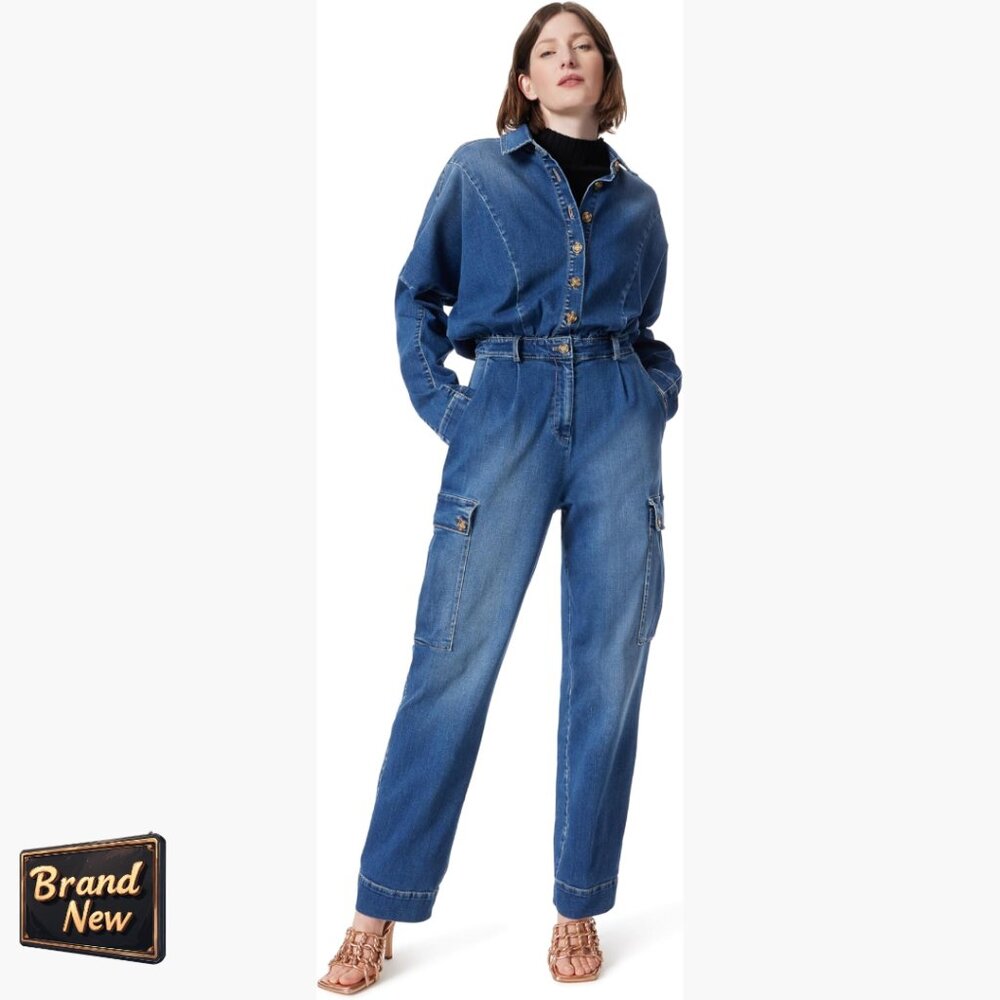Denim Jumpsuit With Cargo Pockets, Button Front, Long Sleeves
